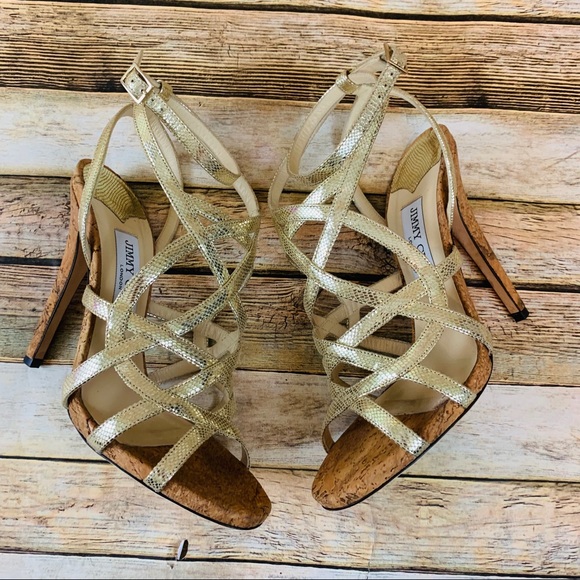 Jimmy Choo Shoes - Jimmy Choo Gold Snake print Ankle Strap Heels 38.5